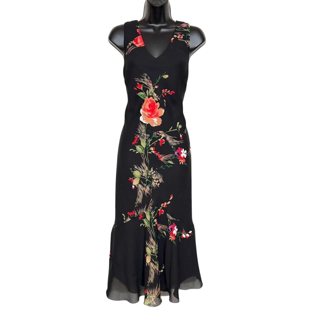 VTG 90s Shomi by Shor Black Floral Ruffle Hem Maxi Dress Goth Romantic Women 6